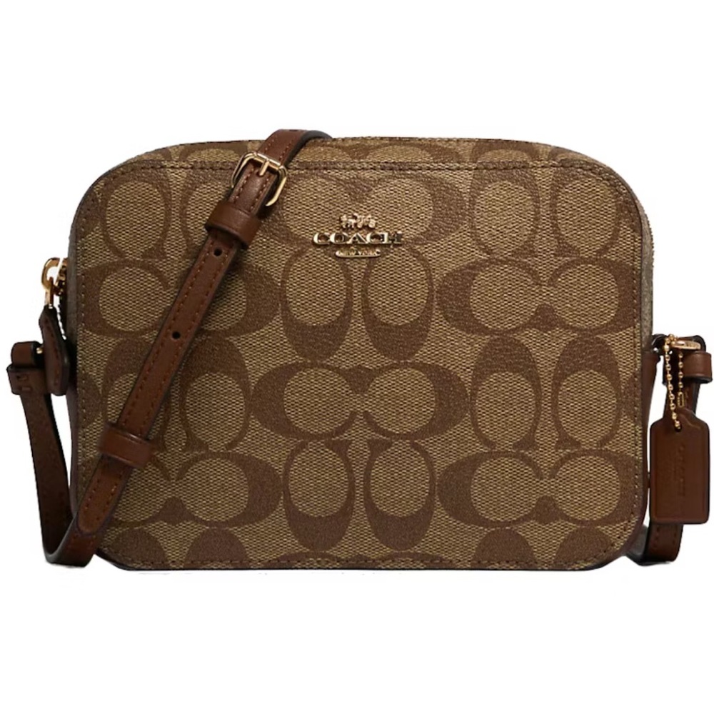 Coach Signature Mini Camera Crossbody Bag, Khaki/Saddle 2 Leather.